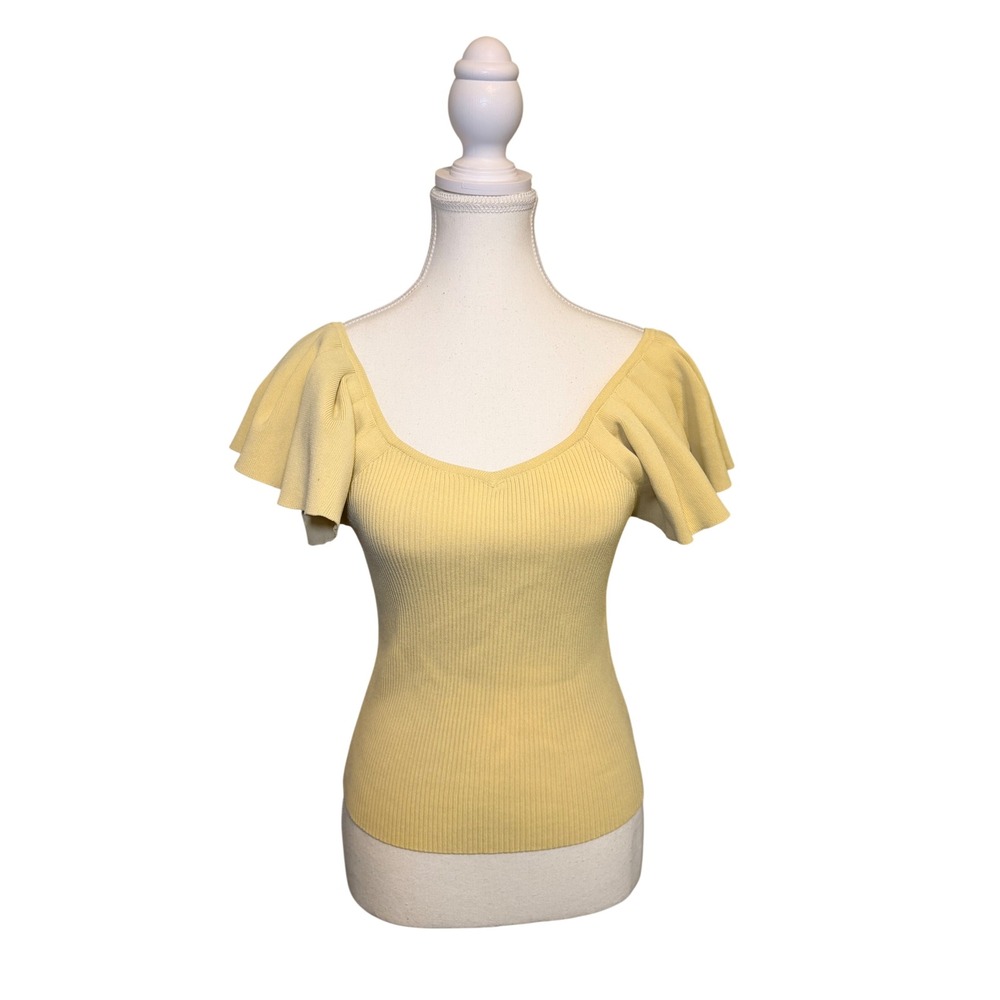 Ribbed Flutter Sleeve Top Off Shoulder Stretch Yellow Fitted M Broadway 38